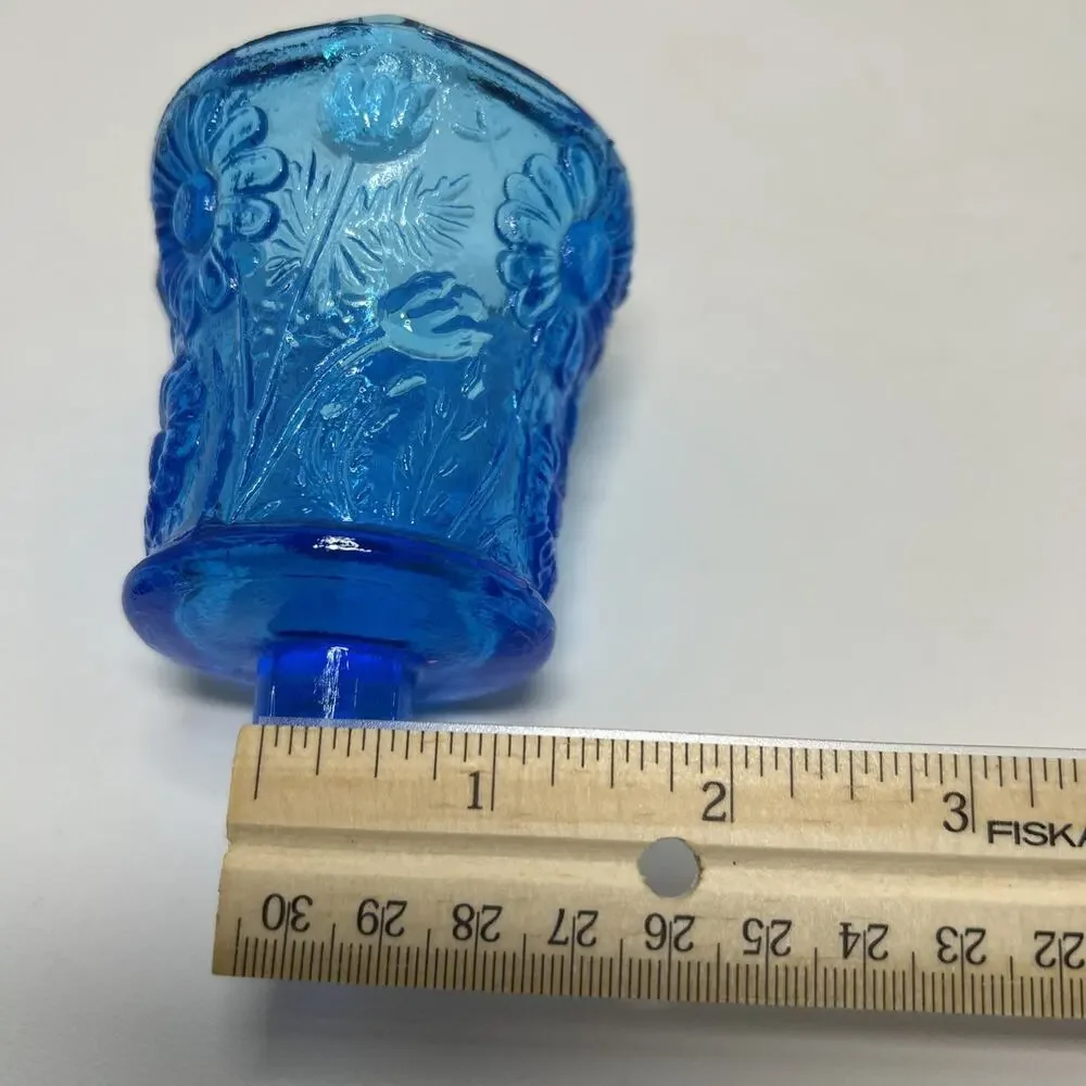 MCM Blue Glass Pegged Cup Votive Sconce Candle Holder Floral Daisy Tulip